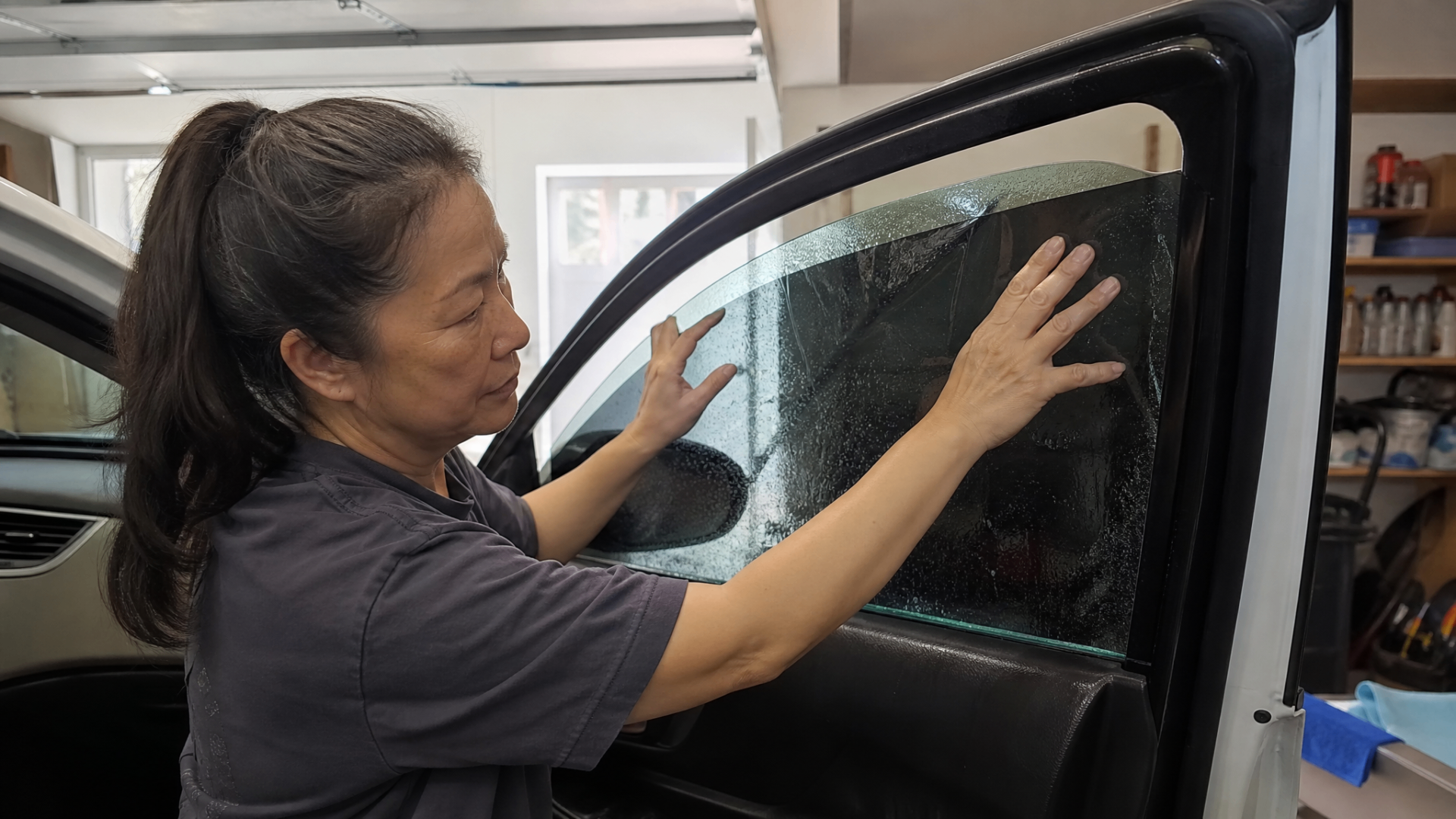 Linda smoothing a dark precut tint sheet across a front door window inside a bright garage.