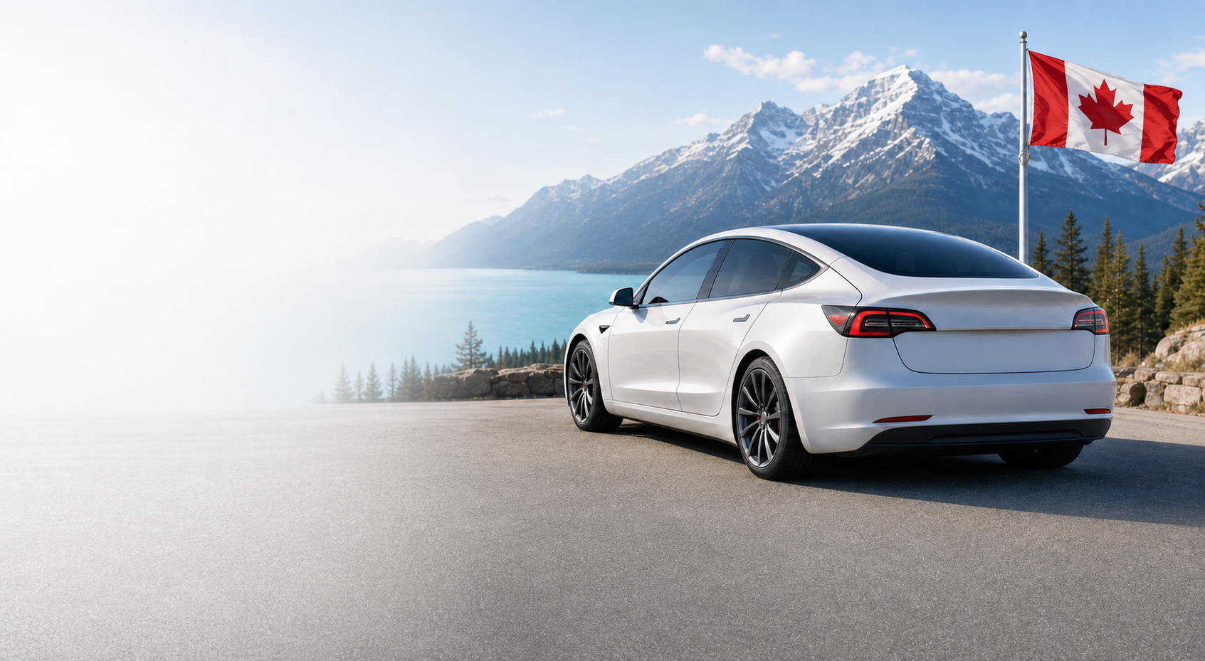 White sedan with dark ceramic window tint parked near a Canadian flag with Rocky Mountains and a turquoise lake in the background.