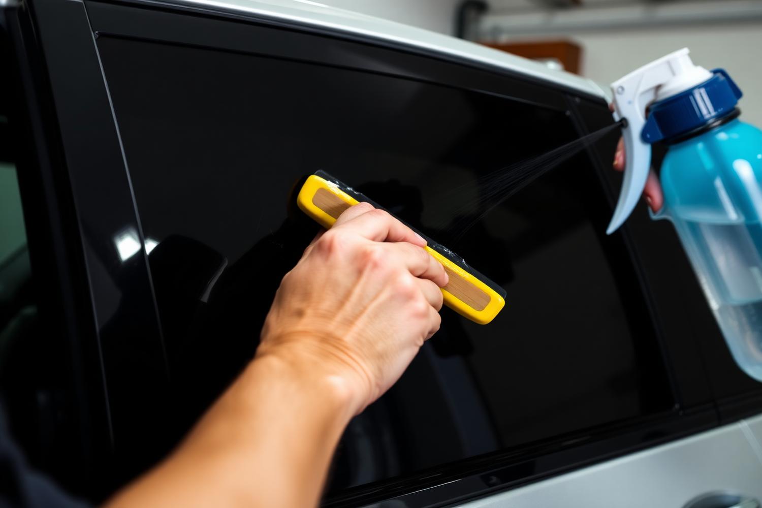 A person installing precut ceramic window tint on a car door window using a yellow squeegee and spray bottle.
